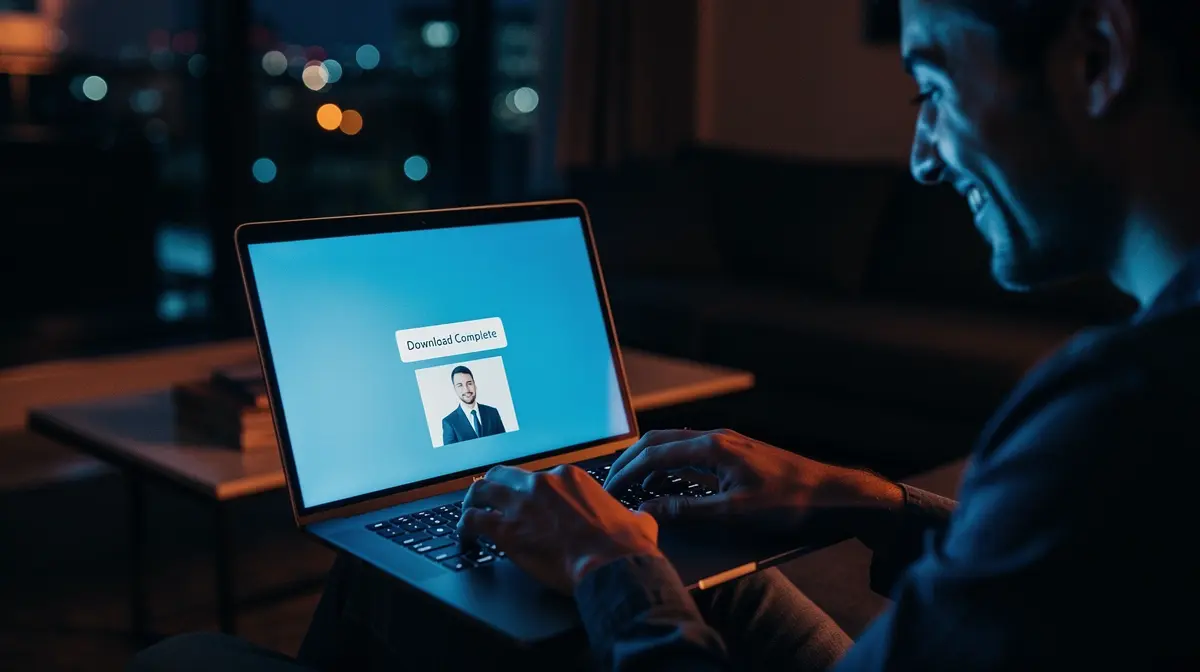 Professional working late at night on a laptop, looking relieved and successful