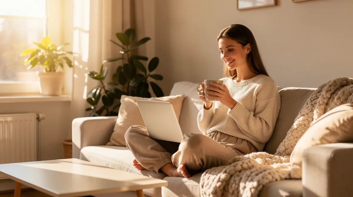 A professional relaxing at home with coffee, looking happy while generating headshots on a laptop