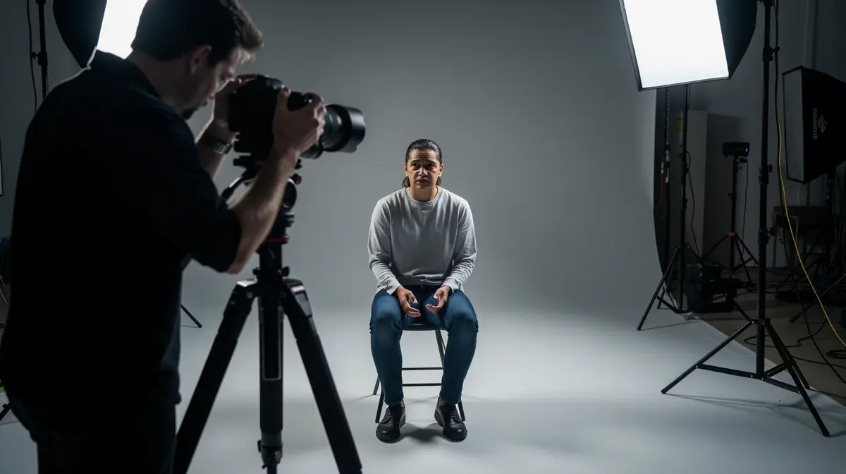 Behind the scenes of a complex photo studio with lighting equipment and a stressed subject
