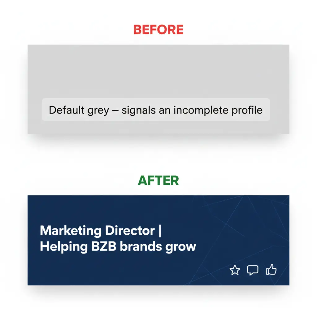 Before and after comparison: default grey LinkedIn banner versus a professional branded banner