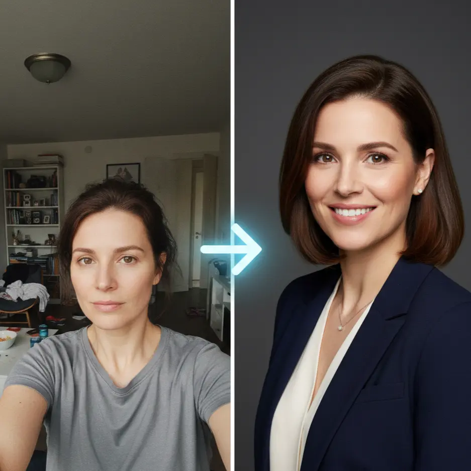 Before and after comparison showing transformation from casual selfie to professional AI headshot
