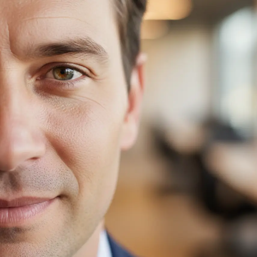 Close-up of professional headshot focusing on genuine eye expression and Duchenne smile