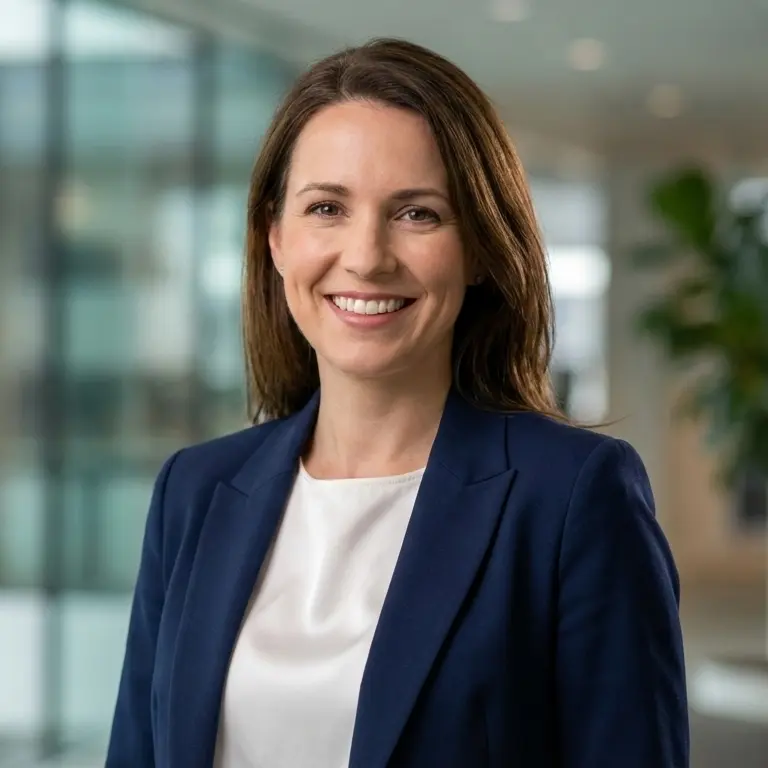 Professional LinkedIn headshot example - woman in navy blazer with modern office background